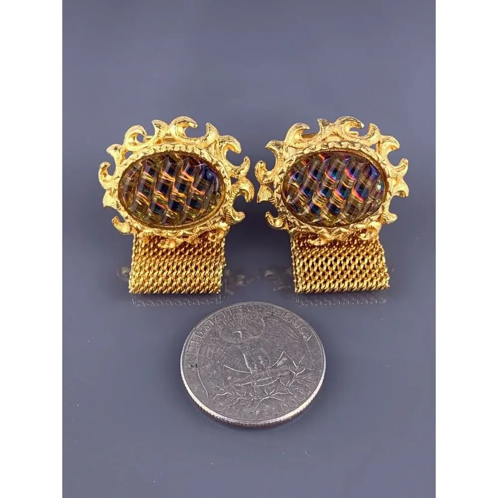 Dichroic Glass Cufflinks Wrap Around Gold Plated Blue to Orange Scrolls Vintage
